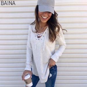 Blusas para Mujer, 7 Colores Sólidos, Tallas Grandes, Holgadas, Casuales, Manga Larga, Cuello en V, Elegantes, con Cordones - Product Image 3