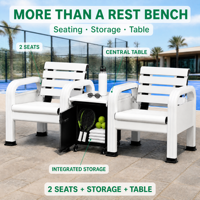 Banc de repos pour terrains de padel, pour clubs de padel et centres sportifs, sièges extérieurs au bord du terrain avec armoire de rangement, blanc
