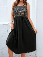 Robe midi bohème sans manches pour femme, imprimé floral géométrique ethnique, col carré, coupe trapèze, idéale pour les vacances