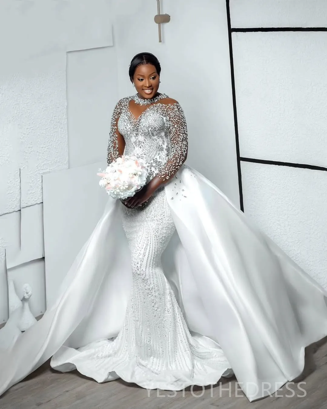 Arabic Aso Ebi Plus Size Ivory Wedding Dress 2026 Mermaid Luxurious Beaded  Crystals Pearls Sheer Neck Long Sleeves Detachable| Alibaba.com