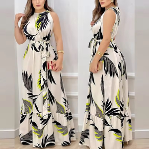 Robe longue d'été pour femme à imprimé floral, col licou, coupe trapèze, sans manches, taille haute avec ceinture, taille <span class=keywords><strong>empire</strong></span>, à volants, taille unique - Product Image 3
