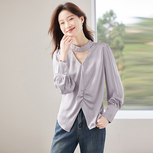 <b>White</b> Chiffon V-Neck Blouse With Halter <b>Lace</b> Up Design For Commuting Women's Shirt Q9953 - Product Image 4