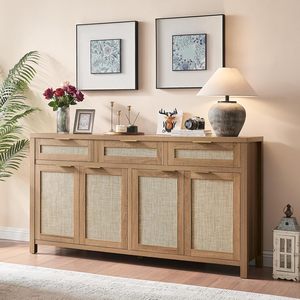 Buffet de salon en rotin style bohème et farmhouse avec étagères réglables, 4 <span class=keywords><strong>portes</strong></span> et <span class=keywords><strong>3</strong></span> tiroirs - Durable et peu encombrant - Product Image 1