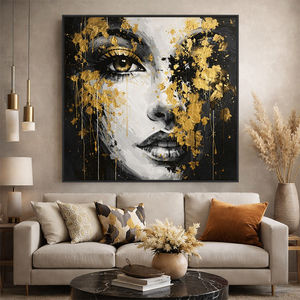 Peintures murales modernes faites à la main en noir et or, représentant des femmes, sur toile écologique, décoration intérieure, design de visage personnalisé - Product Image 3