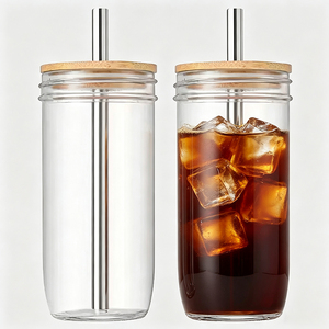 批发720毫升24盎司玻璃罐，带竹盖和金属吸管，可重复使用冰可乐杯 - Product Image 2