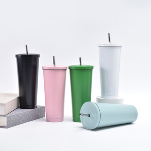 Double Wall Powder Coated, Coffee Mug With Lid and Straw Insulated Vacuum Water Cup Metal Tumbler Stainless Steel <b>Bottles</b>/ - Product Image 1