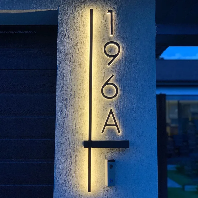 Metal 3D LED ev numarası ışık açık paslanmaz çelik ışıklı mektup işareti Logo adres plak ev otel kapı plakası su geçirmez