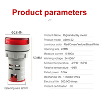 Voltmètre numérique LED, voyant lumineux, lampe pilote, 22 mm AD16-22DSV, voltmètre numérique rond, AC 60-500V, mini voltmètre