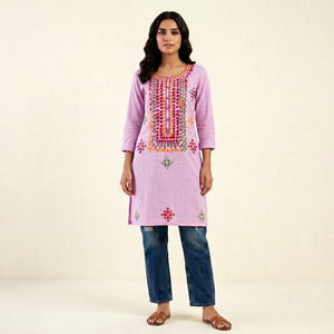 Kameez Kurta en coton brodé à la main pour femmes, tissu en mousseline, vêtements ethniques indiens et pakistanais, tenue de fête estivale, Choli de plage - Product Image 1