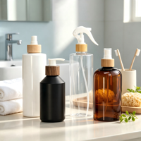 Bouteille distributrice vide en plastique PET avec pompe en bois et couvercle pulvérisateur en bambou, personnalisable avec logo OEM/ODM, pour emballage de savon fait maison et liquide nettoyant