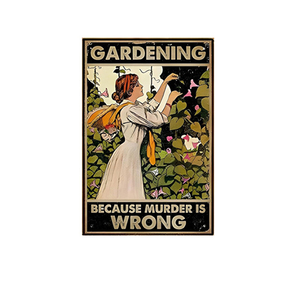Targa in metallo vintage 'Gardening Because Murder Is Wrong', Placca da parete con citazione divertente 'Lady Flower Garden', Decorazione per giardino e casa - Product Image 1