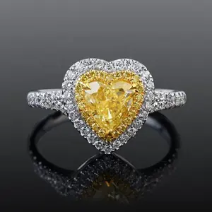 İki ton altın doğal fantezi kalp kesim sarı pırlanta çift Halo nişan yüzüğü