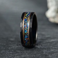 Bijoux pour hommes Bague de mariage personnalisée en or noir et rose Bijoux en opale de galaxie Bague de mariage unique en carbure de tungstène pour hommes