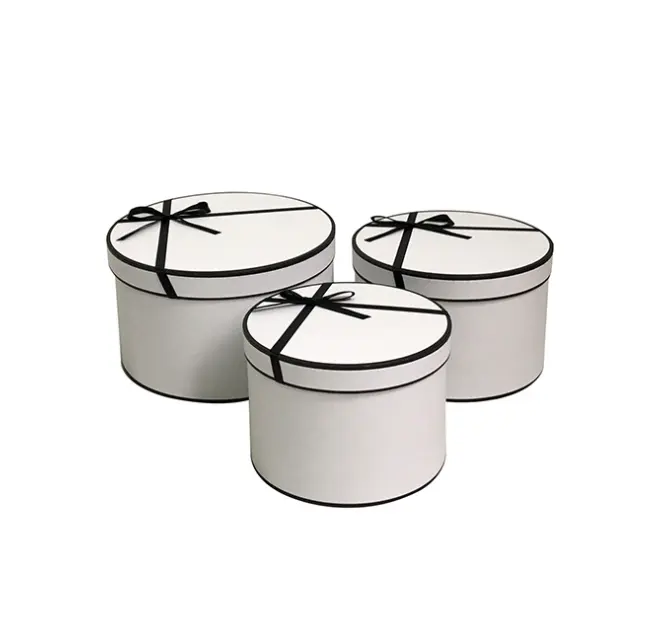 White black round flower rose paper packaging hat box 3 set rigid florist cylinder of 3 with white black edge ribbon decoration