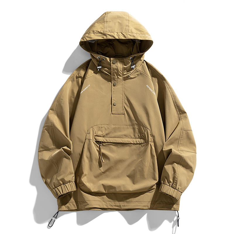 Chaqueta anorak con botones personalizada para hombre, impermeable, jersey con capucha de color sólido, chaqueta cortavientos informal para exteriores para hombres