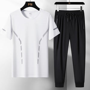 Ensemble de t-shirts à manches courtes pour hommes, personnalisés avec logo, ultra-fins, pour le sport et les loisirs, été, deux pièces avec shorts et pantalons - Product Image 3