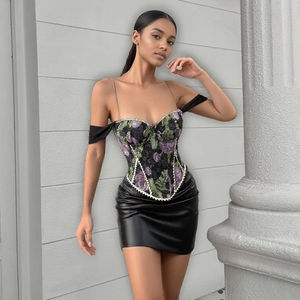 Popüler tasarım düşük kesim derin V boyun Backless balık kemik kapalı omuz jakarlı yaz kadın seksi üst - Product Image 1