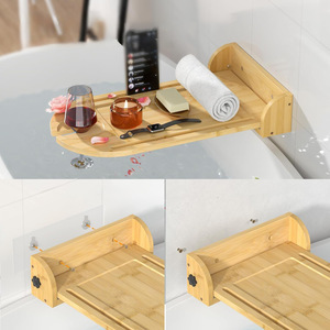 Estante de baño de bambú para montar en la pared, 50x30 cm, plegable, con soporte para teléfono y vino. - Product Image 4