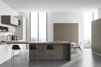 Cuisine sur mesure minimaliste blanche, armoires modulaires sans poignées avec crédence en carreaux pour appartement