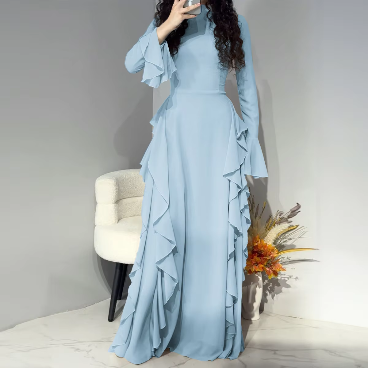 sachin and babi light blue dress Women Elegant Party Dress Flared Sleeve Pearl Round Brunei main image 0
