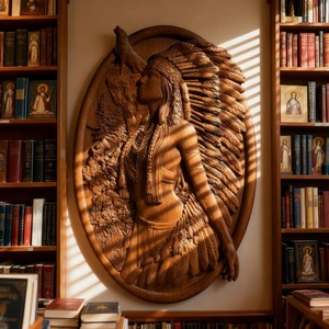 Scultura in Legno Massello con Dettagli in Rilievo e Finitura Naturale, Design Donna e Lupo per Decorazione d'Interni - Product Image 6