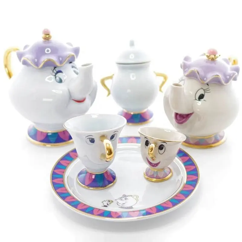 Tetera de La Bella y la bestia, juego de platos y platillos de Taza de cerámica, Juego de tetera de porcelana pintada, taza de té, Mrs Potters