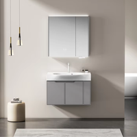 Meuble de salle de bain en contreplaqué avec miroir gris, vasque flottante, éclairage LED tactile intelligent, double porte, étagères latérales de rangement pour appartement