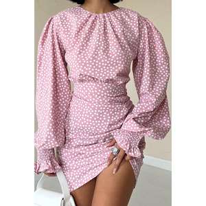 Vestido casual de lunares rosa pudín al por mayor, con cintura natural, cuello redondo, corte acampanado, de tela tejida, con lazo para atar, para uso diario. - Product Image 2