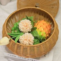 Panier tissé avec couvercle, style rotin PC, panier de rangement rond pour fruits, présentoir de fleurs artificielles, décoration intérieure, vente en gros