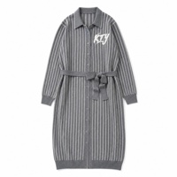 Robe en tricot à col polo rayé gris pour femme, avec ceinture, broderie et manches longues, faible MOQ
