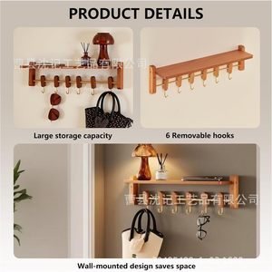 Memory Wooden Wall Rack With <b>Hooks</b> And <b>Shelf</b> For Clothes Hats Bags Glasses Keys Front Door Storage Organizer - Product Image 2