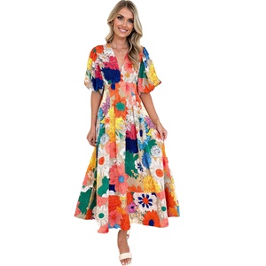 Abito Lungo in Chiffon con Stampa Floreale Elegante 2024 per Donne e Ragazze, Vita Alta, Scollo a V con Maniche a Lanterna, Ultimo Modello - Product Image 1