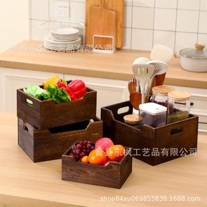 Wooden <b>Storage</b> Box Rectangle Retro Black Handle Kitchen Countertop Fruit Vegetable <b>Basket</b> - Product Image 3