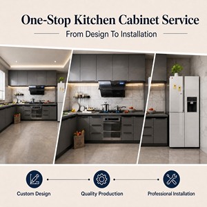 Mobili da Cucina a L Grigio Scuro Personalizzati <span class=keywords><strong>con</strong></span> Parete Effetto Marmo, <span class=keywords><strong>Cappa</strong></span> Nera, Frigorifero Alto, Forno a Incasso e Piano di Lavoro Angolare - Product Image 2