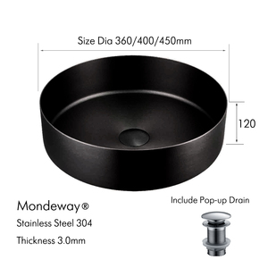 Colorful Matte Black Luxury Modern Stainless Steel Hand Hair <strong>Round</strong> Wash <strong>Basin</strong> with Bathroom Vessel Sink Pop-up Drainer - Product Image 2