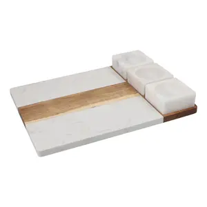 Marble Acacia Wood Charcuterie Platter With 3pcs Marble Sauce Bowl