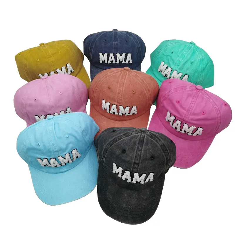 Sombrero desgastado con bordado para el día de la madre, gorra de béisbol de chenilla lavada de algodón, parche Vintage, gorras deportivas