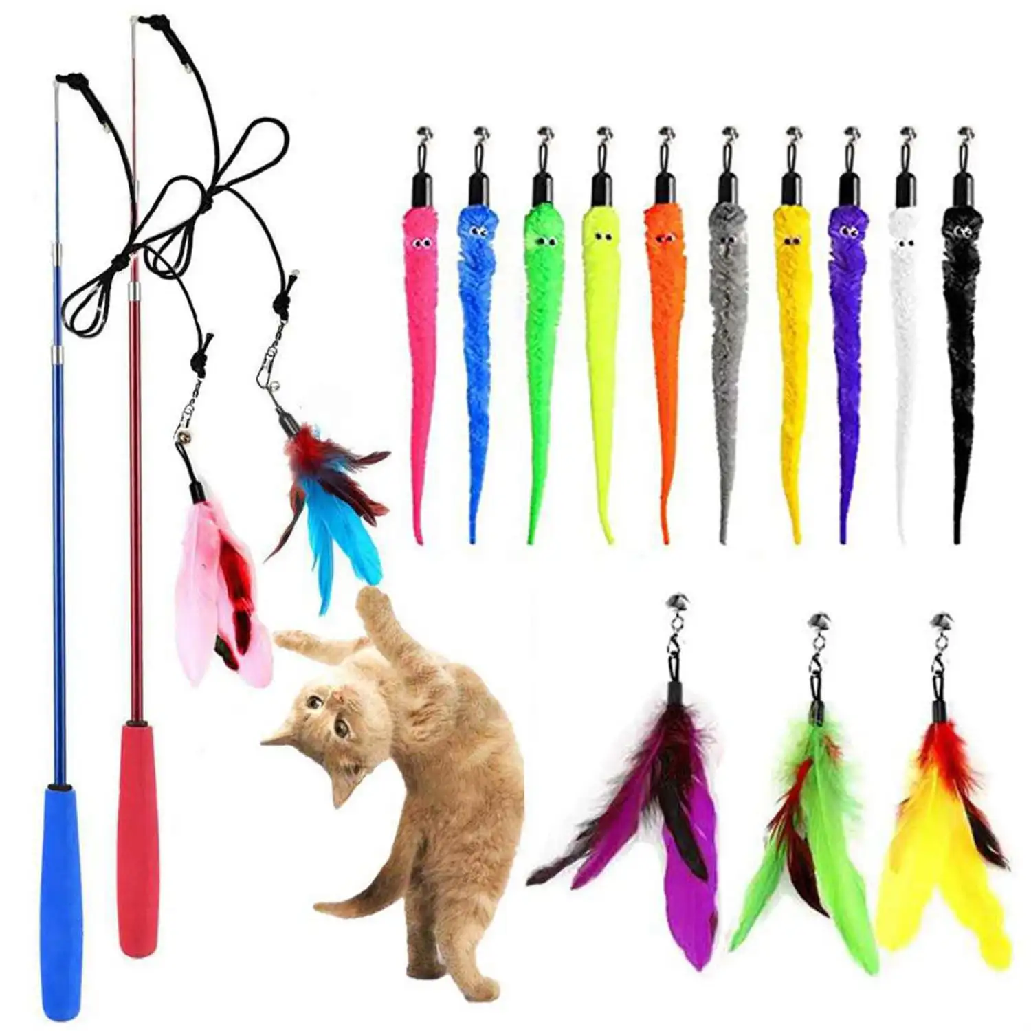 Desain baru hewan peliharaan interaktif warna-warni ukuran kustom dapat ditarik mainan kucing panjang bulu memancing batang Cacing