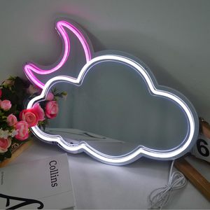 Miroir à néons LED animé blanc nuage rose lune décoration de chambre unique luminosité réglable alimenté par USB décoration intérieure - Product Image 6
