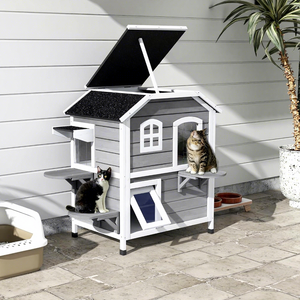 Modern 2-story House Outdoor Weatherproof Fir Wood Enclosure Feral <b>Cats</b> Escape Door Openable Roof Jumping Platforms - Product Image 2