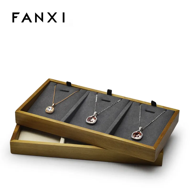 FANXI Personalizzato Jewelry Display Vassoio Con Beige Grigio inserto In Microfibra Per Catena di Visualizzazione Naturale Perline di Legno Vassoio
