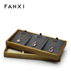 FANXI Custom Schmuck Display Tray Mit Beige Grau Mikrofaser einsatz Für Kette Display Natürliche Holz Perle Tablett