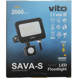 Vito 20W 2000Lm PIR <b>Sensor</b> Outdoor <b>LED</b> Floodlight Cold <b>Light</b> 6000K IP65 - Product Image 2
