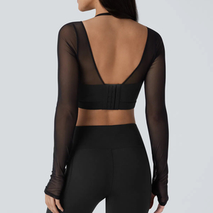 Nouveau populaire licou dos nu à manches longues trou de pouce contraste maille 2-en-1 recadrée Yoga haut de sport avec coussinets amovibles <span class=keywords><strong>soutien</strong></span>-<span class=keywords><strong>gorge</strong></span> - Product Image 2