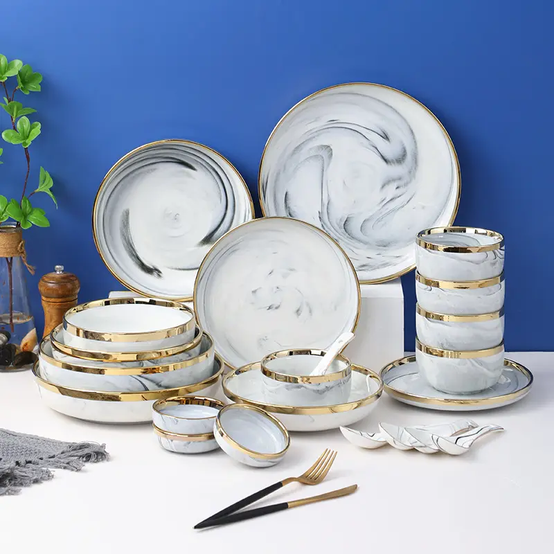 Pabrik Grosir Hotel Peralatan Makan Keramik Keramik Porselen Abu-abu Marmer Nordic Set Peralatan Makan Pernikahan Mewah Keramik