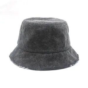 Benutzer definierte Marke Baumwolle Distressed schwere gewaschene Fransen kante verstellbare Rücken bindung Riemen Denim Eimer Hut