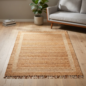 Tapis en jute terracotta avec bordure et pompons - Tapis bohème tissé à la main en orange chaud pour salon Majlis - Product Image 1