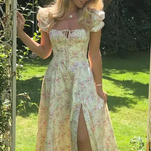 Floral fente cuisse cravate avant manches bouffantes froncé buste Robe femmes col carré taille haute a-ligne longue Robe Robe