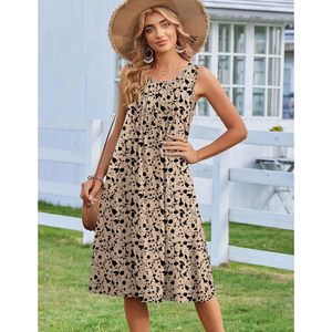 Robe d'été pour femme, imprimé floral, coupe trapèze, longueur midi, sans manches, col rond, décontractée, pour la plage et les vacances, avec poches, tissée respirante - Product Image 4