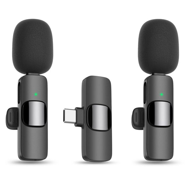 K1 1 to 2 Wireless Lavalier Microphone, Dual Clip on Lapel Mic for Live Streaming Vlog Video Recording Noise Reduction